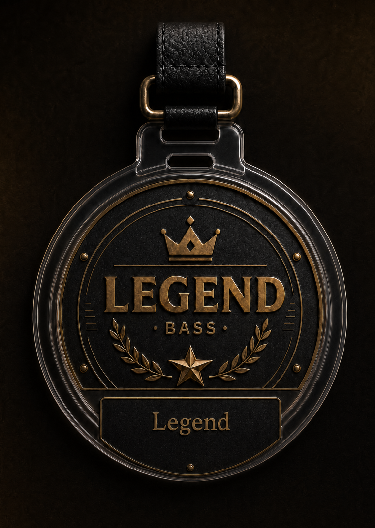 BASS Legend — fita escura com placa Legend, medalha circular dourada com nota musical e louro e descrição: Reconhecimento máximo. Ligado à comunidade. História que inspira.